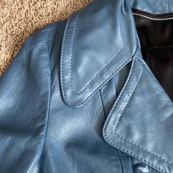 Vintage leather dress coat double breasted with belt steel blue size 12-14 - Picture 4 of 13